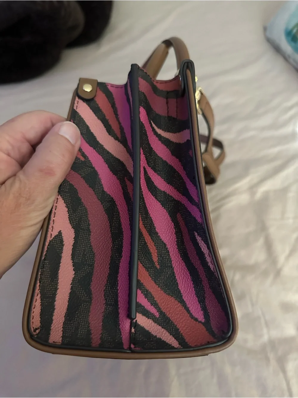 Michael Kors Pink and Black Zebra Print Satchel with Brown Trim